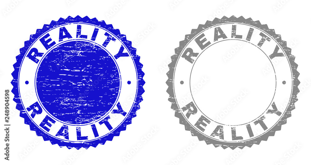 Grunge REALITY stamp seals isolated on a white background. Rosette seals with grunge texture in blue and gray colors. Vector rubber overlay of REALITY caption inside round rosette. Grunge REALITY stamp seals isolated on a white background. Rosette seals with grunge texture in blue and gray colors. Vector rubber overlay of REALITY caption inside round rosette.