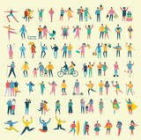 Vector illustration in a flat style of different activities people jumping, dancing, walking, couple in love, doing sport in flat style