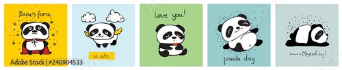 Vector set of vector cards with cute pandas and funny quotes for kid's interiors, banners and posters 