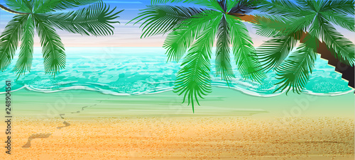 Summer beach background. View   on the sea and the horizon under the palm trees. Traces of bare feet in the sand leading to the surf.