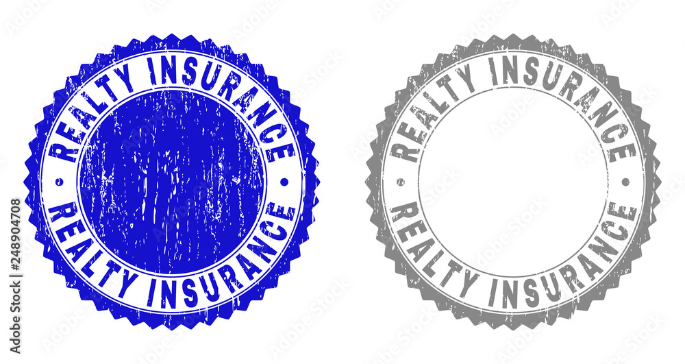 Obraz premium Grunge REALTY INSURANCE stamp seals isolated on a white background. Rosette seals with grunge texture in blue and gray colors.