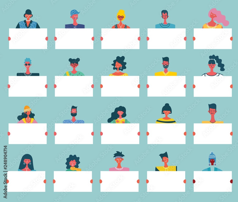 Fototapeta premium Colorful vector illustration in flat style. Set of smiling young men and women holding clean placards. Bundle of joyful male and female cartoon characters demonstrating empty banners.