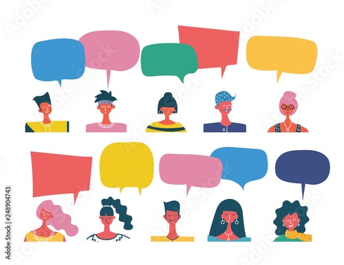 Vector illustration of different people avatar portraits with speech bubbles