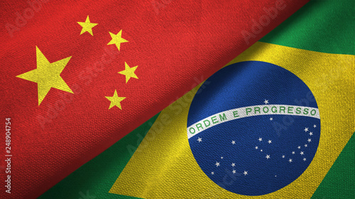 China and Brazil two flags textile cloth, fabric texture photo