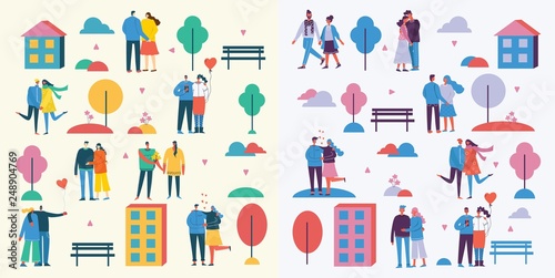 Vector illustrations in flat design of group people in love, couples, hearts outdoor in the park. Greeting cards on Valentine's day in flat design