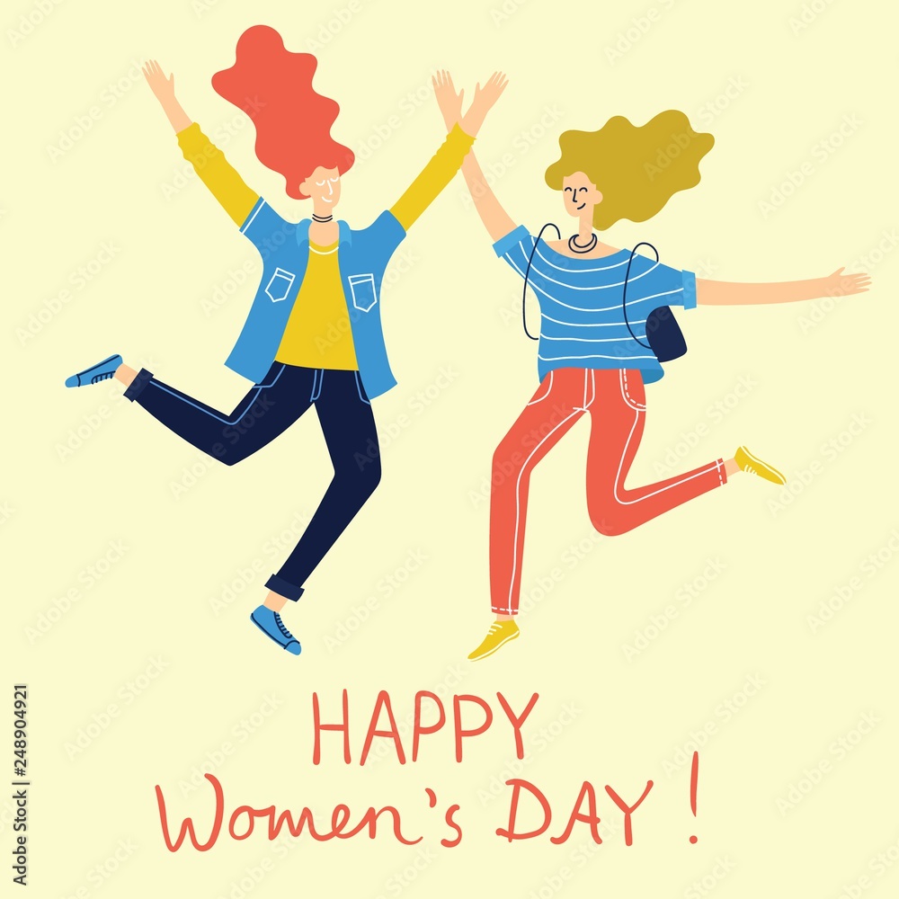 Colorful vector illustration concept of Happy Women's internarional day . Group of happy jumping female friends, union of feminists, sisterhood in flat design