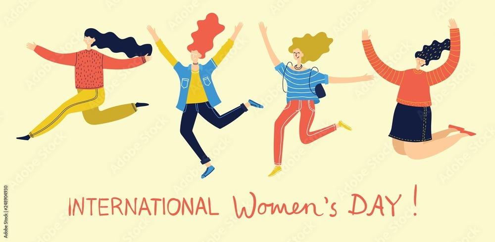 Colorful vector illustration concept of Happy Women's internarional day . Group of happy female friends, union of feminists, sisterhood jumping in flat design 