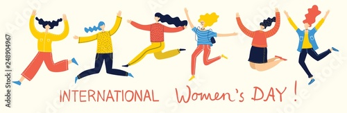 Colorful vector illustration concept of Happy Women's internarional day . Group of jumping happy female friends, union of feminists, sisterhood in flat design