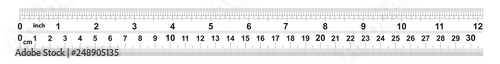 Ruler 12 inshes. Ruler 30 centimeters. Value of division - 32 divisions by inch and 0.5 mm. Precise length measurement device. Calibration grid.