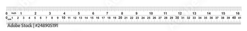 Ruler 16 inshes. Ruler 40 centimeters. Value of division - 32 divisions by inch and 0.5 mm. Precise length measurement device. Calibration grid.
