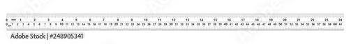 Ruler 24 inshes. Ruler 60 centimeters. Value of division - 32 divisions by inch and 0.5 mm. Precise length measurement device. Calibration grid.
