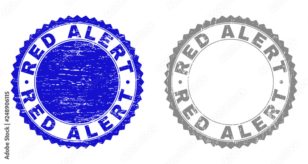 Grunge RED ALERT stamp seals isolated on a white background. Rosette seals with grunge texture in blue and grey colors. Vector rubber overlay of RED ALERT tag inside round rosette. Grunge RED ALERT stamp seals isolated on a white background. Rosette seals with grunge texture in blue and grey colors. Vector rubber overlay of RED ALERT tag inside round rosette.