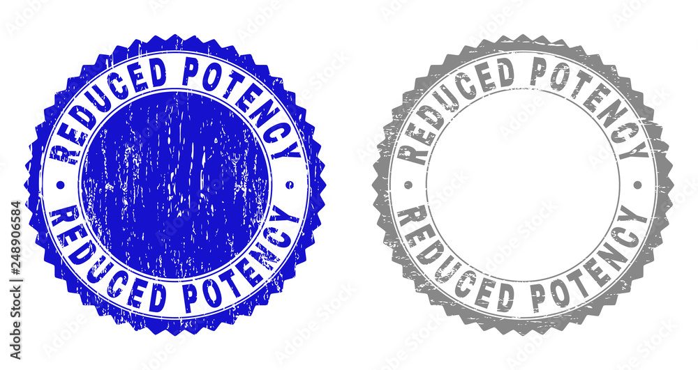 Grunge REDUCED POTENCY stamp seals isolated on a white background. Rosette seals with grunge texture in blue and grey colors. Vector rubber stamp imprint of REDUCED POTENCY text inside round rosette.