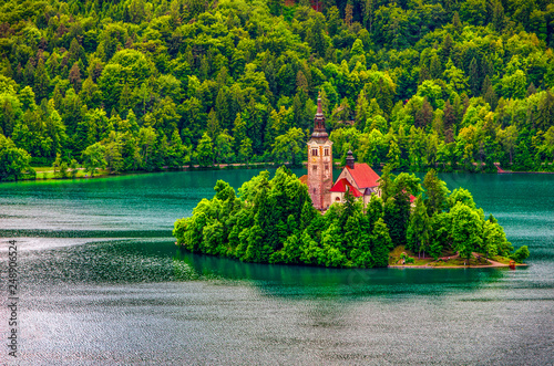 Slika na platnu Bled lake church island aerial background - Slovenia