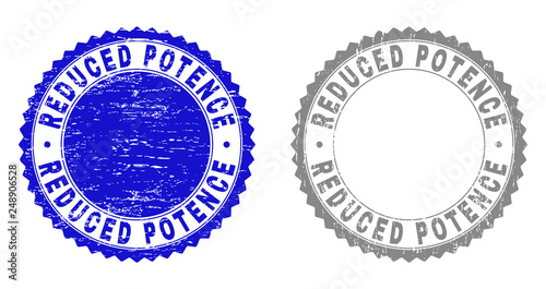 Grunge REDUCED POTENCE stamp seals isolated on a white background. Rosette seals with grunge texture in blue and gray colors. Vector rubber overlay of REDUCED POTENCE text inside round rosette.