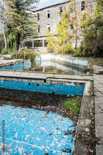Swimming pool area of Berengaria abandoned hotel in mountain region of Trodos, Cyprus