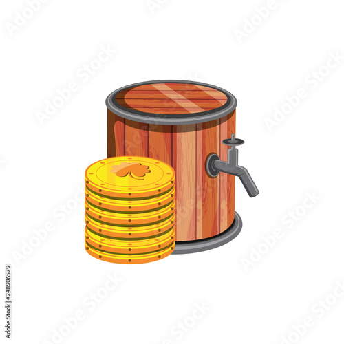 barrel wooden beer with pile coins