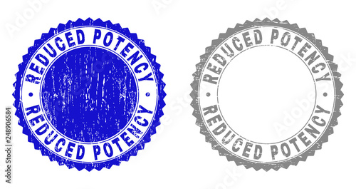 Grunge REDUCED POTENCY stamp seals isolated on a white background. Rosette seals with grunge texture in blue and grey colors. Vector rubber stamp imprint of REDUCED POTENCY text inside round rosette.
