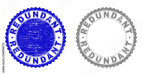 Grunge REDUNDANT stamp seals isolated on a white background. Rosette seals with grunge texture in blue and grey colors. Vector rubber stamp imprint of REDUNDANT label inside round rosette.