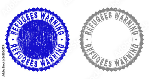 Grunge REFUGEES WARNING stamp seals isolated on a white background. Rosette seals with grunge texture in blue and grey colors. Vector rubber stamp imprint of REFUGEES WARNING tag inside round rosette.