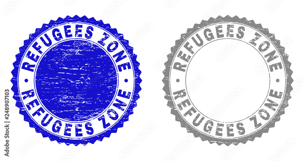 Grunge REFUGEES ZONE stamp seals isolated on a white background. Rosette seals with grunge texture in blue and gray colors. Vector rubber watermark of REFUGEES ZONE title inside round rosette.