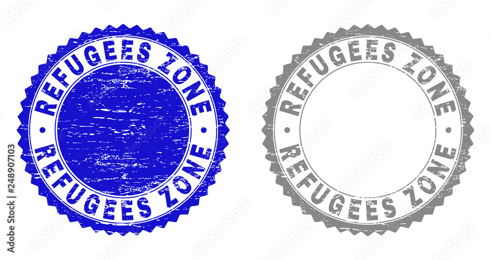 Obraz premium Grunge REFUGEES ZONE stamp seals isolated on a white background. Rosette seals with grunge texture in blue and gray colors. Vector rubber watermark of REFUGEES ZONE title inside round rosette.
