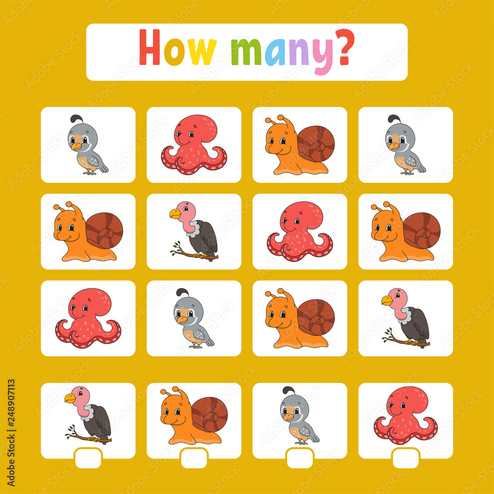 Counting game for children of preschool age. Learning mathematics. How many animals in the picture. With space for answers. Simple flat isolated vector illustration in cute cartoon style. Counting game for children of preschool age. Learning mathematics. How many animals in the picture. With space for answers. Simple flat isolated vector illustration in cute cartoon style.