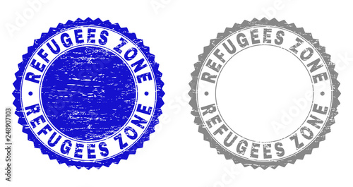 Grunge REFUGEES ZONE stamp seals isolated on a white background. Rosette seals with grunge texture in blue and gray colors. Vector rubber watermark of REFUGEES ZONE title inside round rosette.