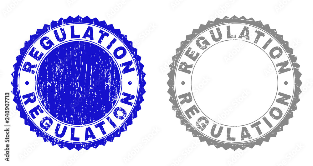 Grunge REGULATION stamp seals isolated on a white background. Rosette seals with grunge texture in blue and grey colors. Vector rubber watermark of REGULATION caption inside round rosette.