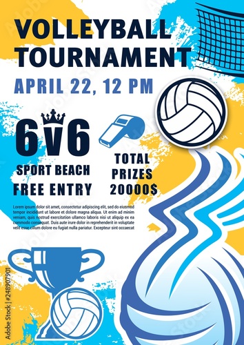 Beach volleyball sport tournament, ball and trophy