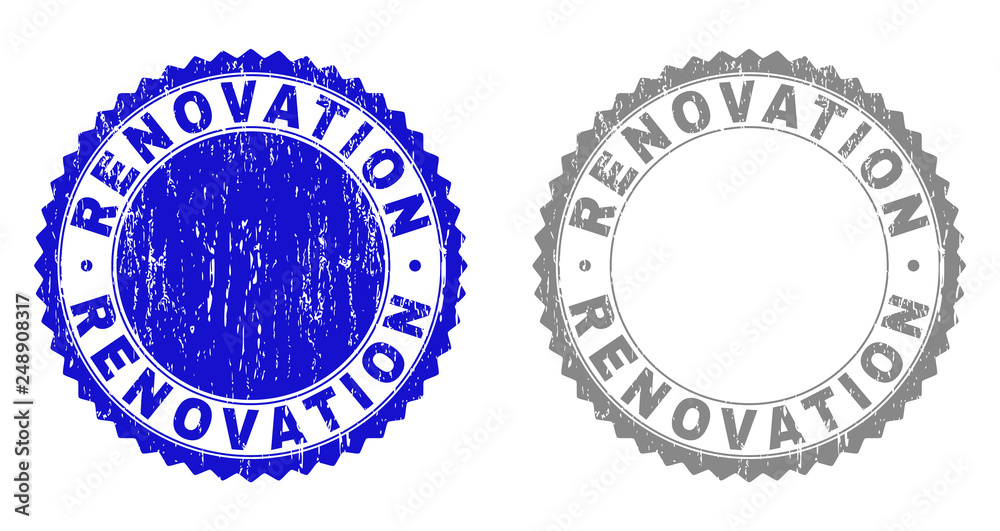 Grunge RENOVATION stamp seals isolated on a white background. Rosette seals with grunge texture in blue and grey colors. Vector rubber stamp imitation of RENOVATION label inside round rosette.