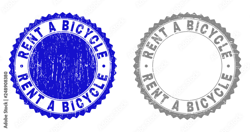 Obraz premium Grunge RENT A BICYCLE stamp seals isolated on a white background. Rosette seals with grunge texture in blue and grey colors. Vector rubber stamp imprint of RENT A BICYCLE caption inside round rosette.