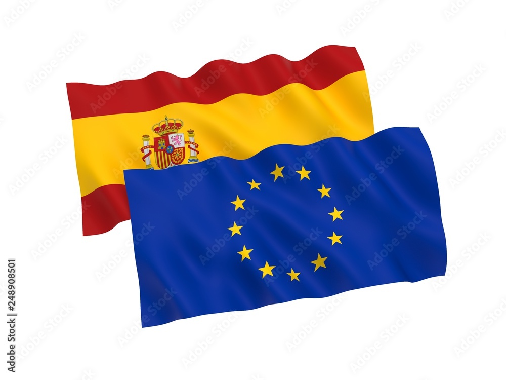 National fabric flags of Spain and European Union isolated on white background. 3d rendering illustration. 1 to 2 proportion.