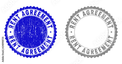 Grunge RENT AGREEMENT stamp seals isolated on a white background. Rosette seals with grunge texture in blue and gray colors. Vector rubber stamp imprint of RENT AGREEMENT title inside round rosette.