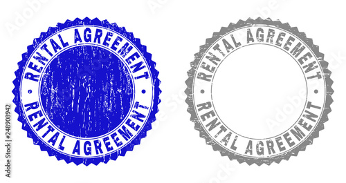 Grunge RENTAL AGREEMENT stamp seals isolated on a white background. Rosette seals with grunge texture in blue and grey colors. Vector rubber overlay of RENTAL AGREEMENT tag inside round rosette.