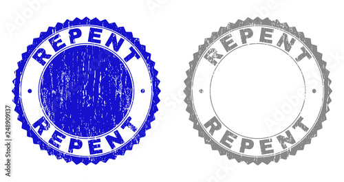 Grunge REPENT stamp seals isolated on a white background. Rosette seals with grunge texture in blue and gray colors. Vector rubber stamp imprint of REPENT title inside round rosette.