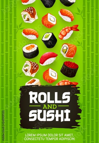 Japanese cuisine sushi, uramaki and rolls photo