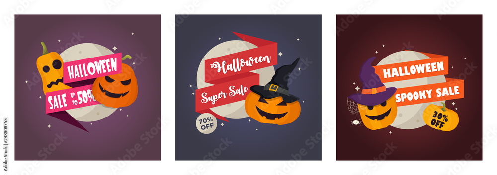 Set of three Halloween sale banners with pumpkin heads