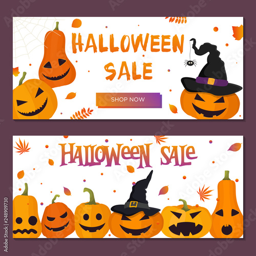 Set of Halloween sale banners with pumpkin heads on it