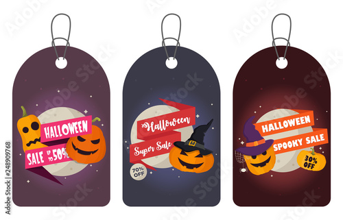 Set of three Halloween sale tags with pumpkin heads on it