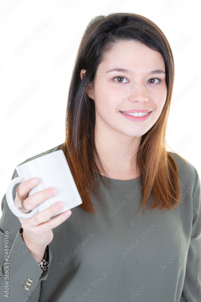 portrait of happy young woman with mug of coffee portrait of happy young woman with mug of coffee