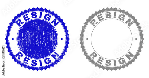 Grunge RESIGN stamp seals isolated on a white background. Rosette seals with distress texture in blue and gray colors. Vector rubber stamp imitation of RESIGN title inside round rosette.