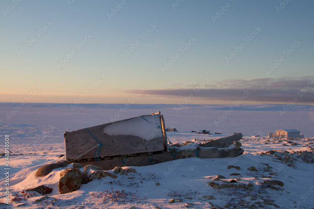 Side view of a traditional Inuit cargo sled or Komatik in the Copper ...