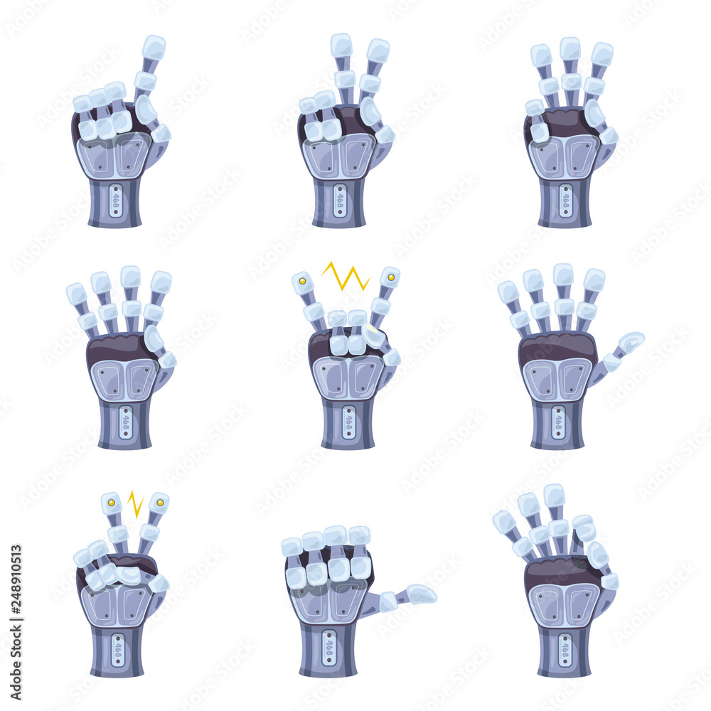 Robot hand gestures. Robotic hands. Mechanical technology machine  engineering symbol. Hand gestures set. Futuristic design. Big robot arm.  Signs. Vector illustration on the white background. Stock Vector | Adobe  Stock