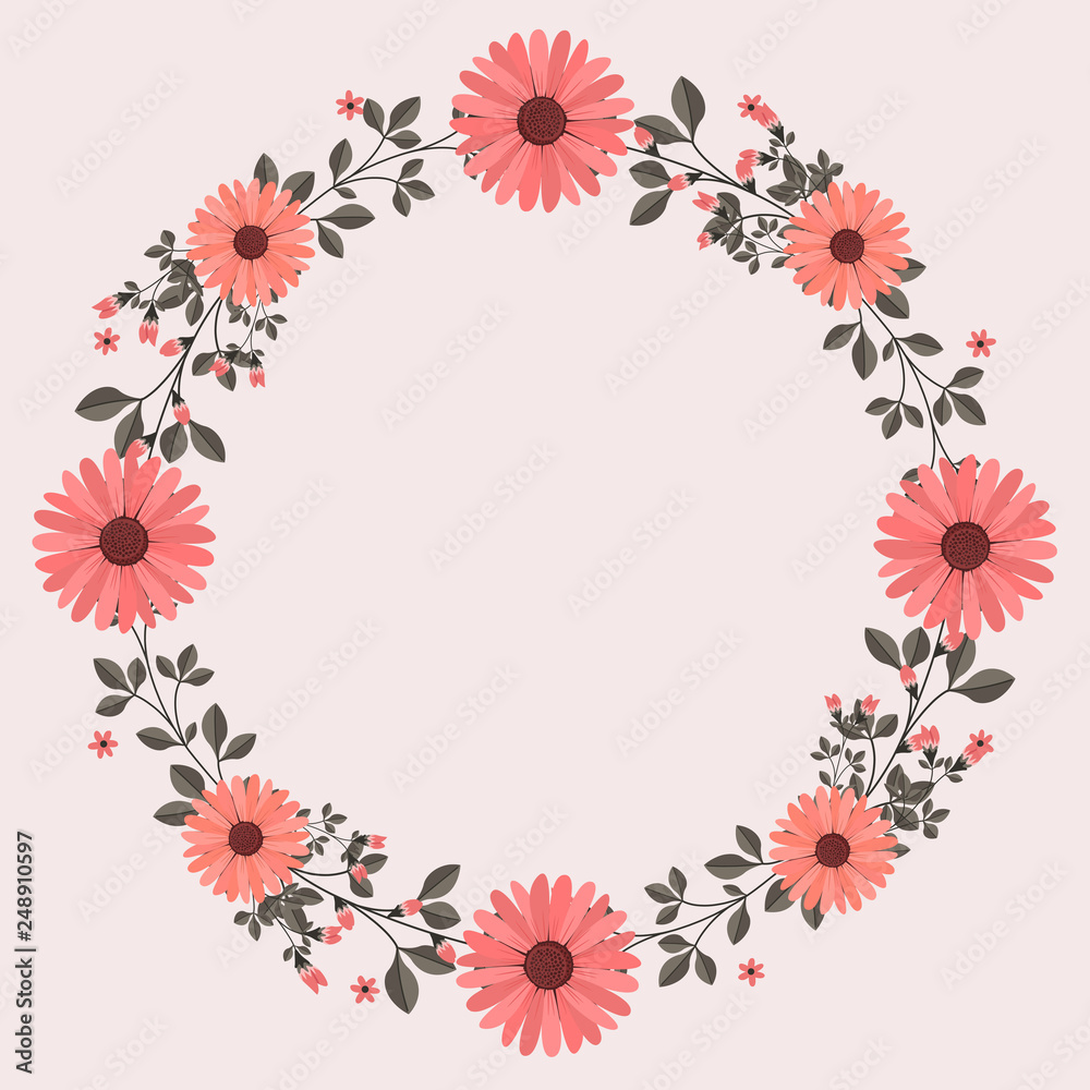 Floral greeting card and invitation template for wedding or birthday anniversary, Vector circle shape of text box label and frame, Pink flowers wreath ivy style with branch and leaves.