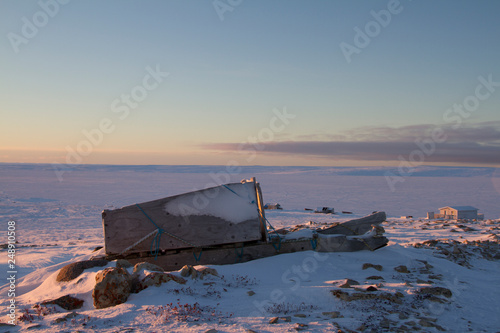 Side view of a traditional Inuit cargo sled or Komatik in the Copper Inuit style in the Kitikmeot region, Nunavut Canada photo