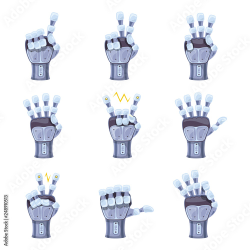 Robot hand gestures. Robotic hands. Mechanical technology machine engineering symbol. Hand gestures set. Futuristic design. Big robot arm. Signs. Vector illustration on the white background.