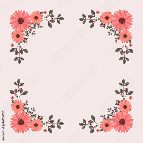 Floral greeting card and invitation template for wedding or birthday anniversary, Vector square shape of text box label and frame, Pink flowers wreath ivy style with branch and leaves.