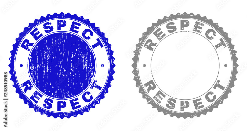 Grunge RESPECT stamp seals isolated on a white background. Rosette seals with grunge texture in blue and gray colors. Vector rubber stamp imprint of RESPECT label inside round rosette. Grunge RESPECT stamp seals isolated on a white background. Rosette seals with grunge texture in blue and gray colors. Vector rubber stamp imprint of RESPECT label inside round rosette.