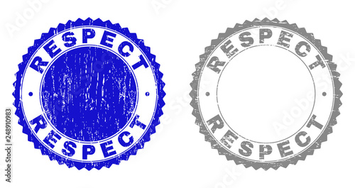 Grunge RESPECT stamp seals isolated on a white background. Rosette seals with grunge texture in blue and gray colors. Vector rubber stamp imprint of RESPECT label inside round rosette.
